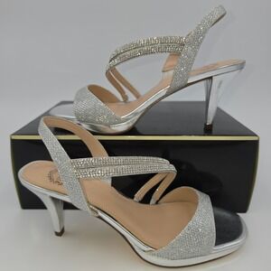 I. Miller Womens Silver Glitter Rhinestone Slingback Kitten Heel Sandals 7M NWOB